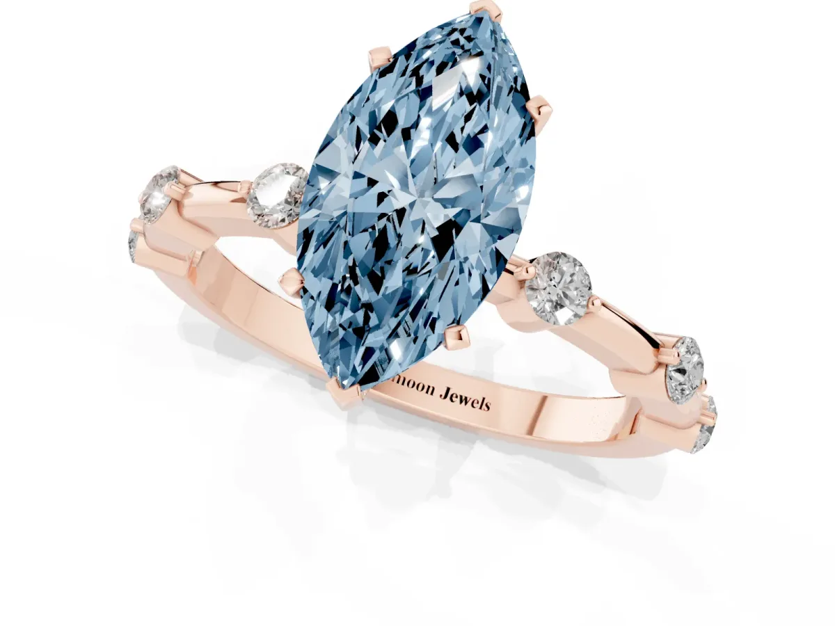 Fancy Blue Marquise Cut Solitaire Diamond Ring with Bezel Set Side Stones and Prong Setting Rose gold