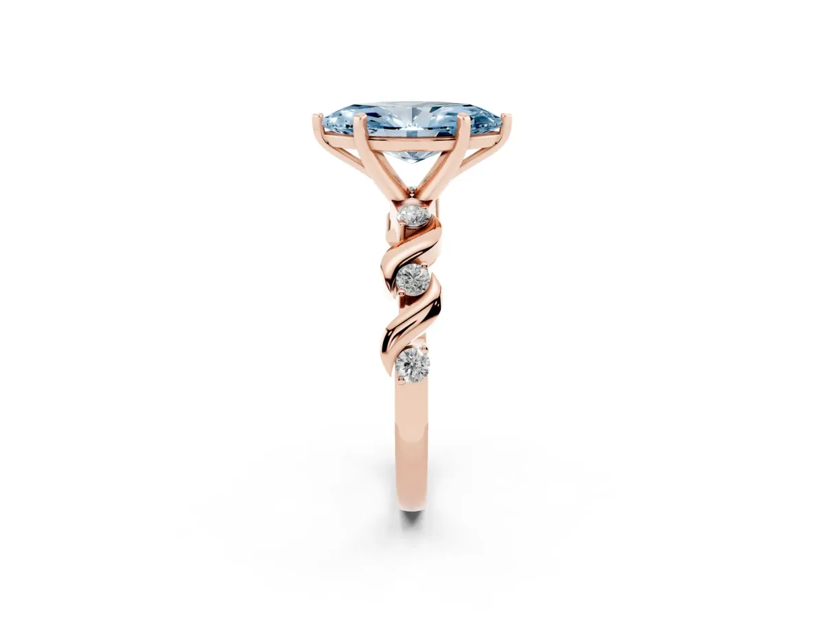 Fancy Blue Marquise Cut Diamond Solitaire Twisted Band with Round Accents and Prong Setting Rose gold