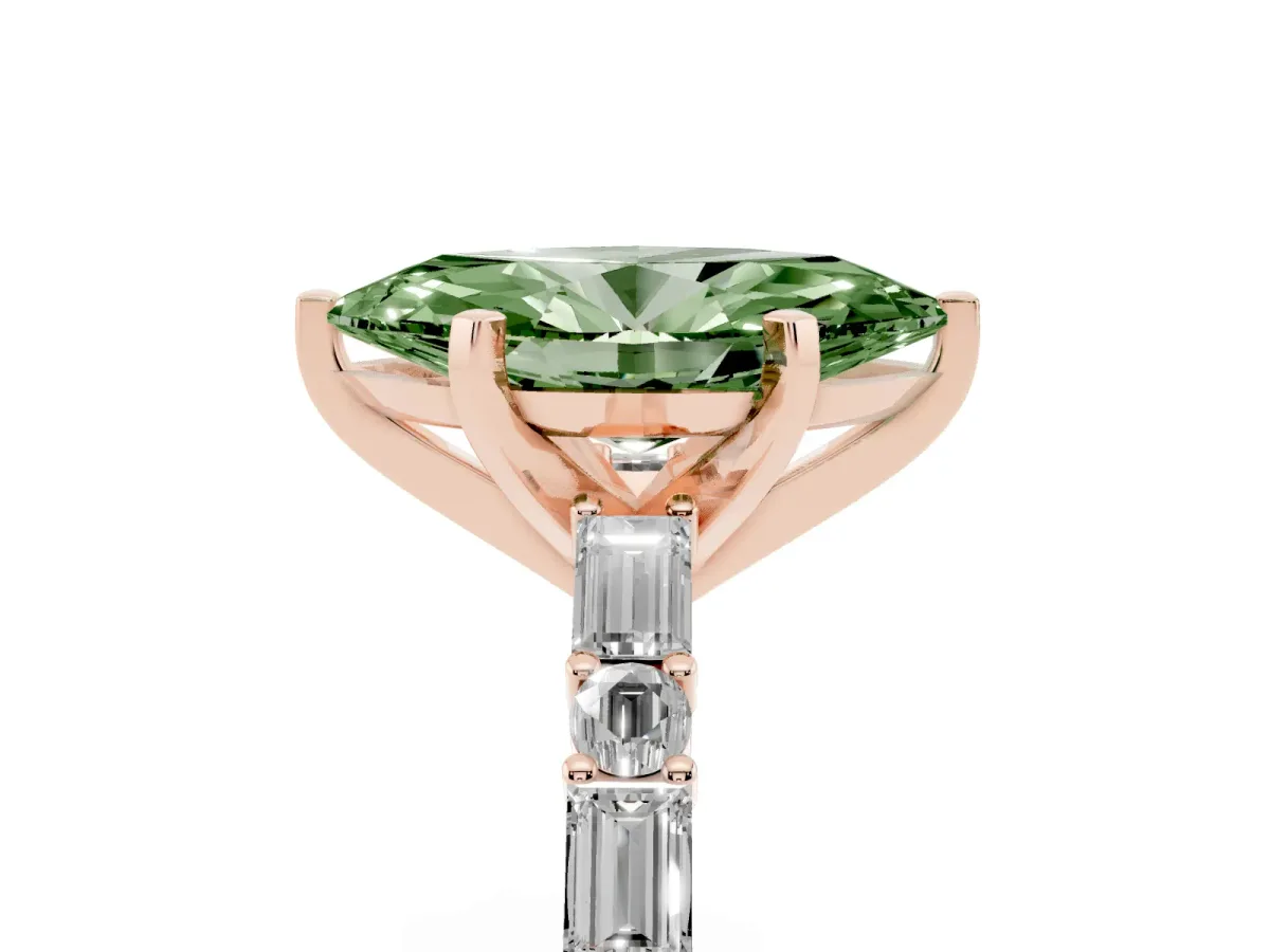 Fancy Green Marquise Cut Diamond Solitaire with Side Baguettes and Channel Set Band Rose gold