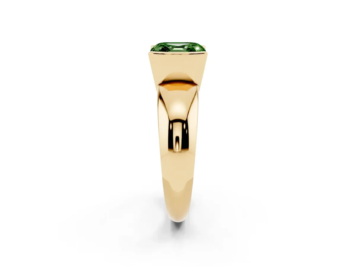 Fancy Green Asscher Cut Solitaire Tension Set Diamond Ring with Wide Band Yellow gold