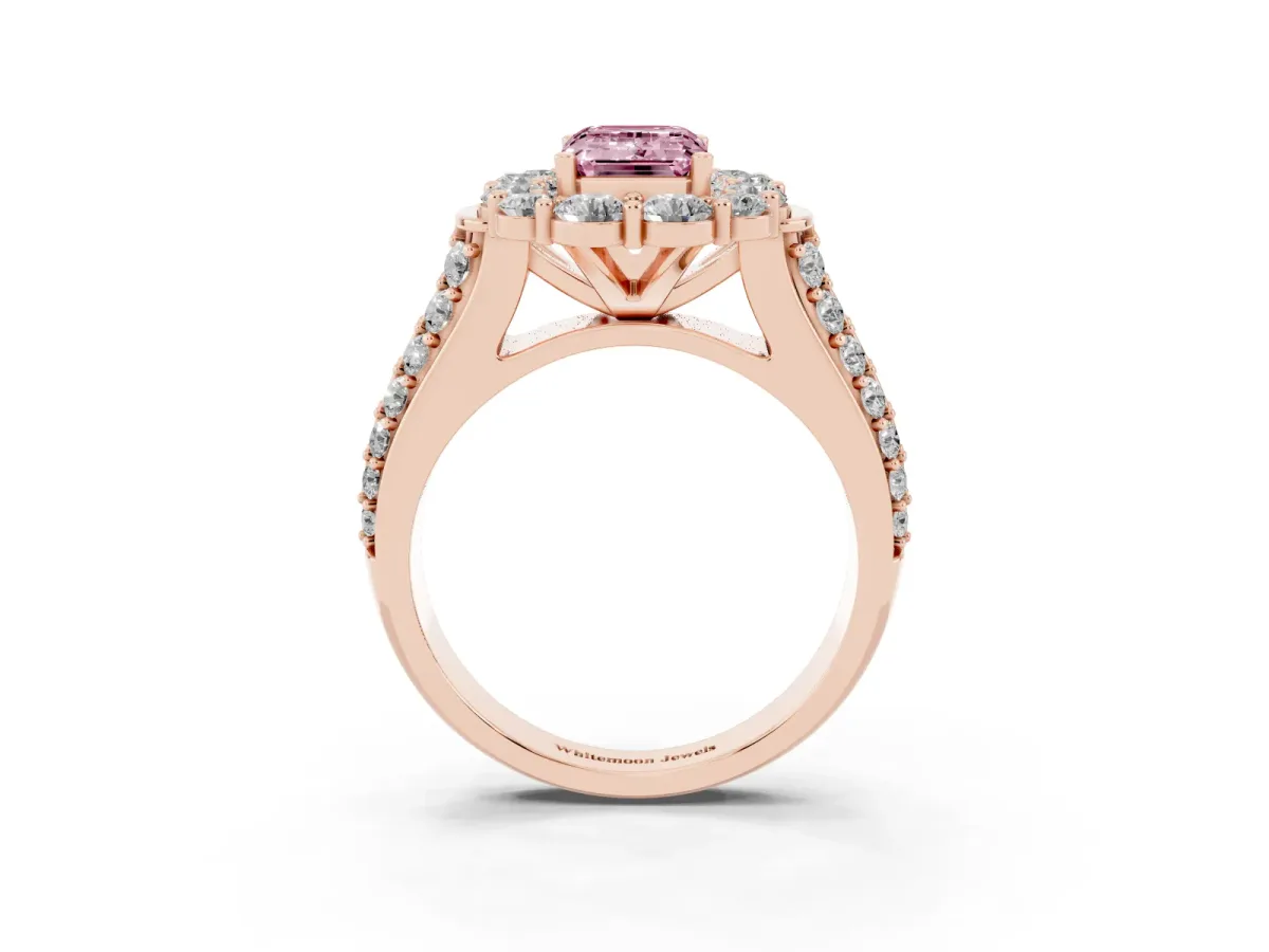 Fancy Pink Emerald Cut Halo Diamond Engagement Ring with Split Shank and Prong Setting Rose gold
