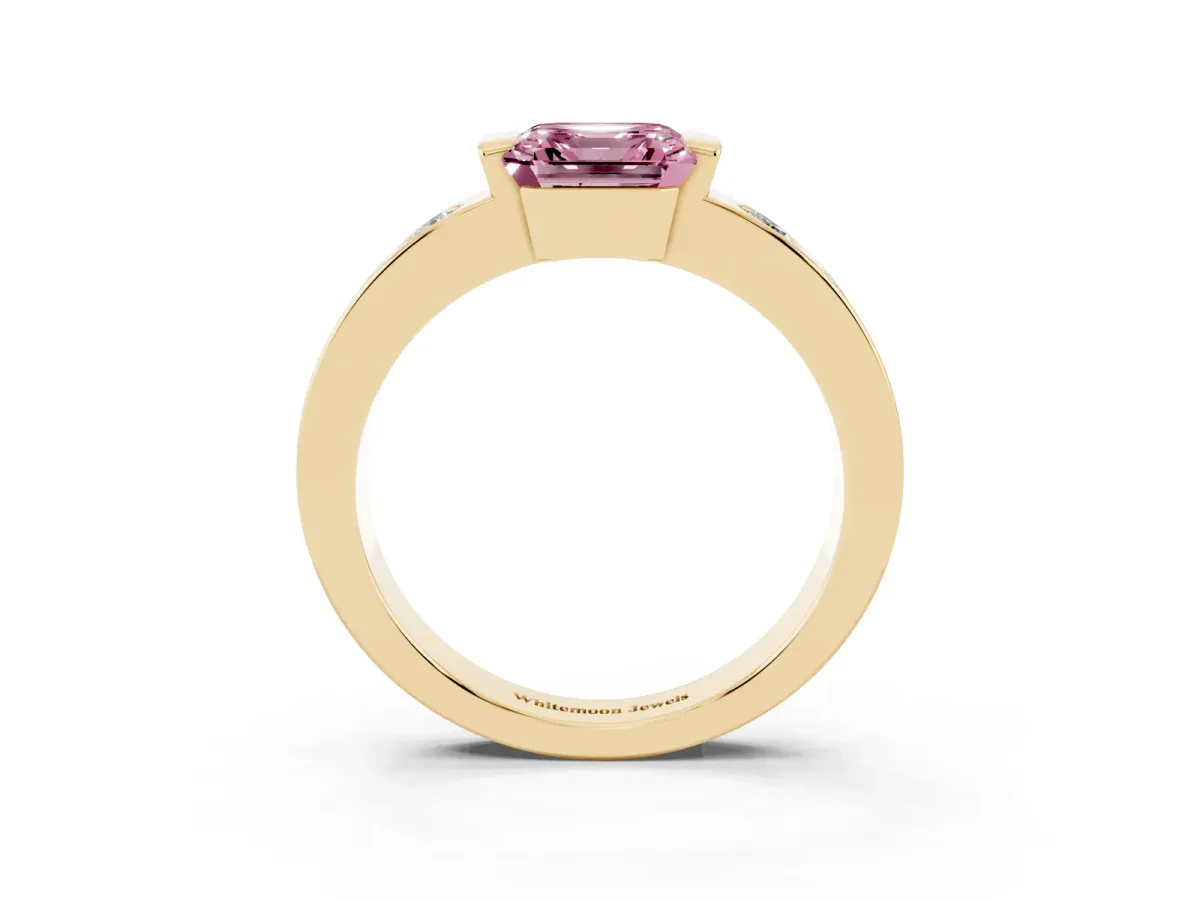 Fancy Pink Asscher Cut Brilliant Channel-Set Diamond Ring with Bezel Prong Setting Yellow gold