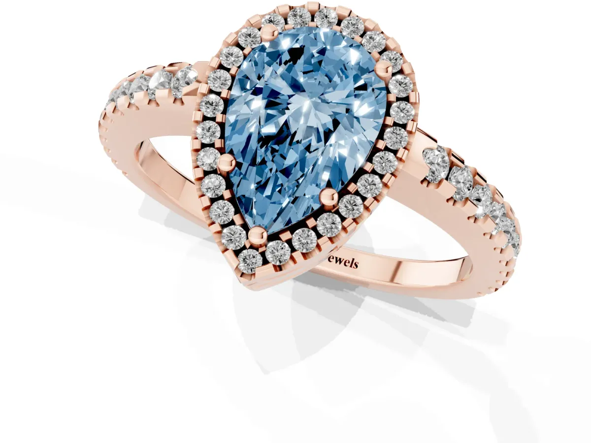 Fancy Blue Pear Cut Diamond Halo Engagement Ring with Pavé Band and Prong Setting Rose gold