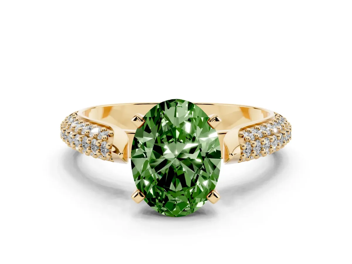 Fancy Green Oval Cut Diamond Solitaire Engagement Ring with Multi-Row Round Pavé Band and Prong Setting Yellow gold