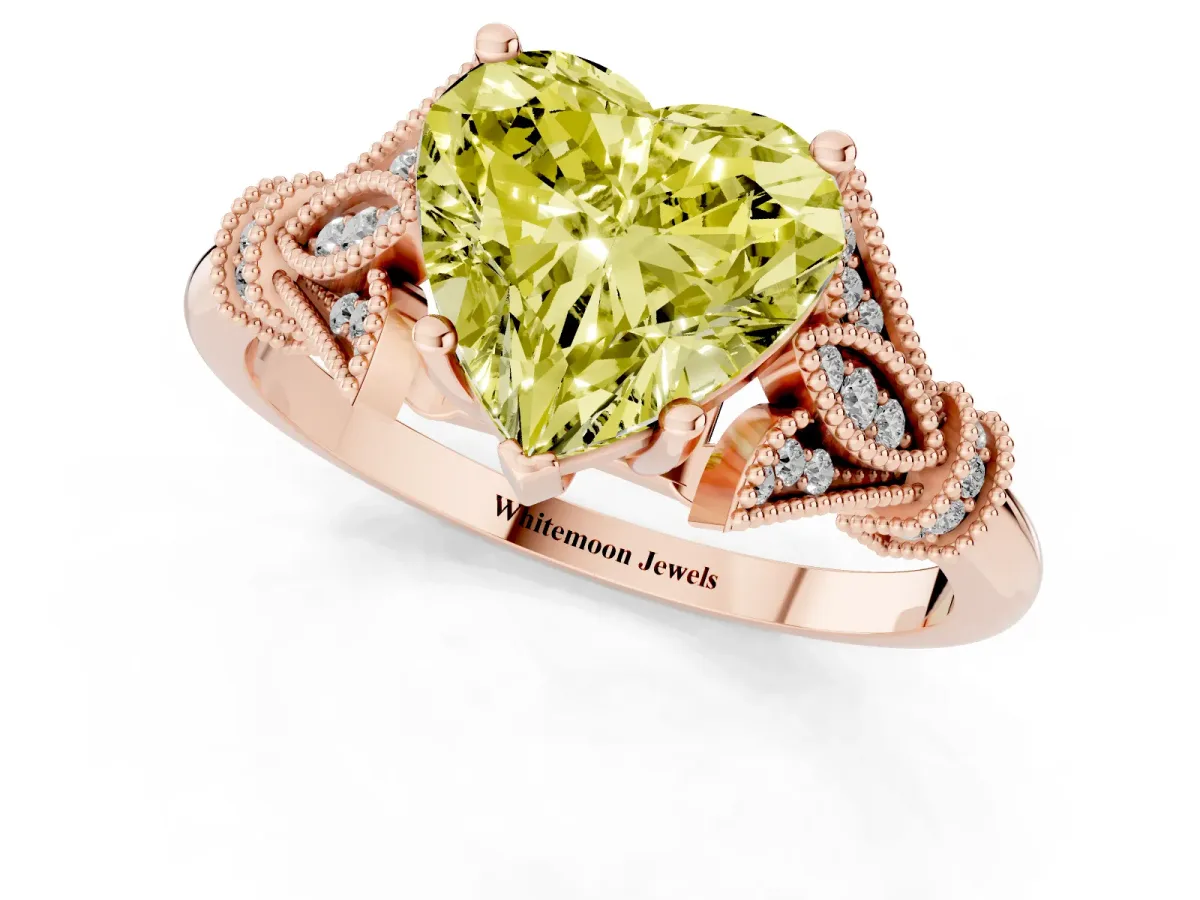 Fancy Yellow Heart Cut Diamond Solitaire Ring with Floral Filigree and Pave Accents Rose gold