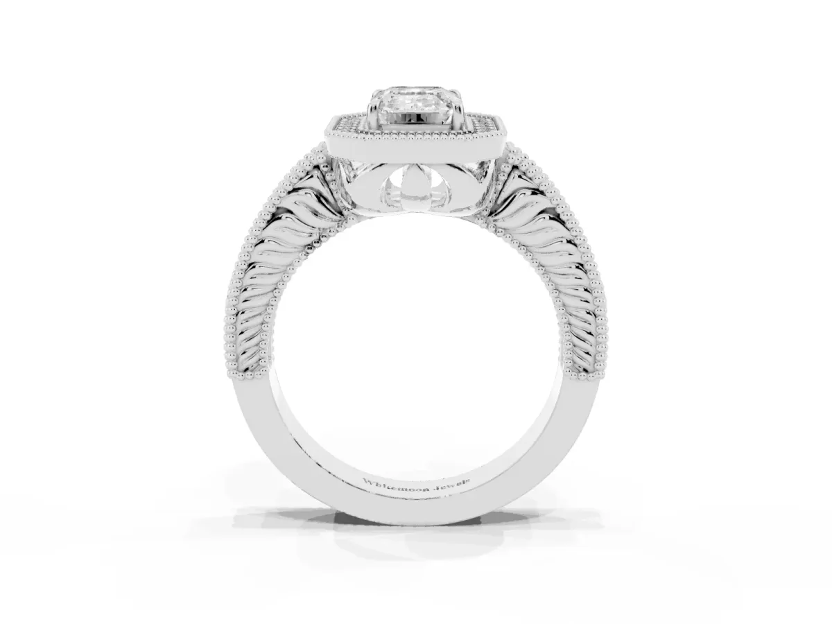 Emerald Cut Cut Halo Diamond Ring with Pavé Band and Four-Prong Setting Silver