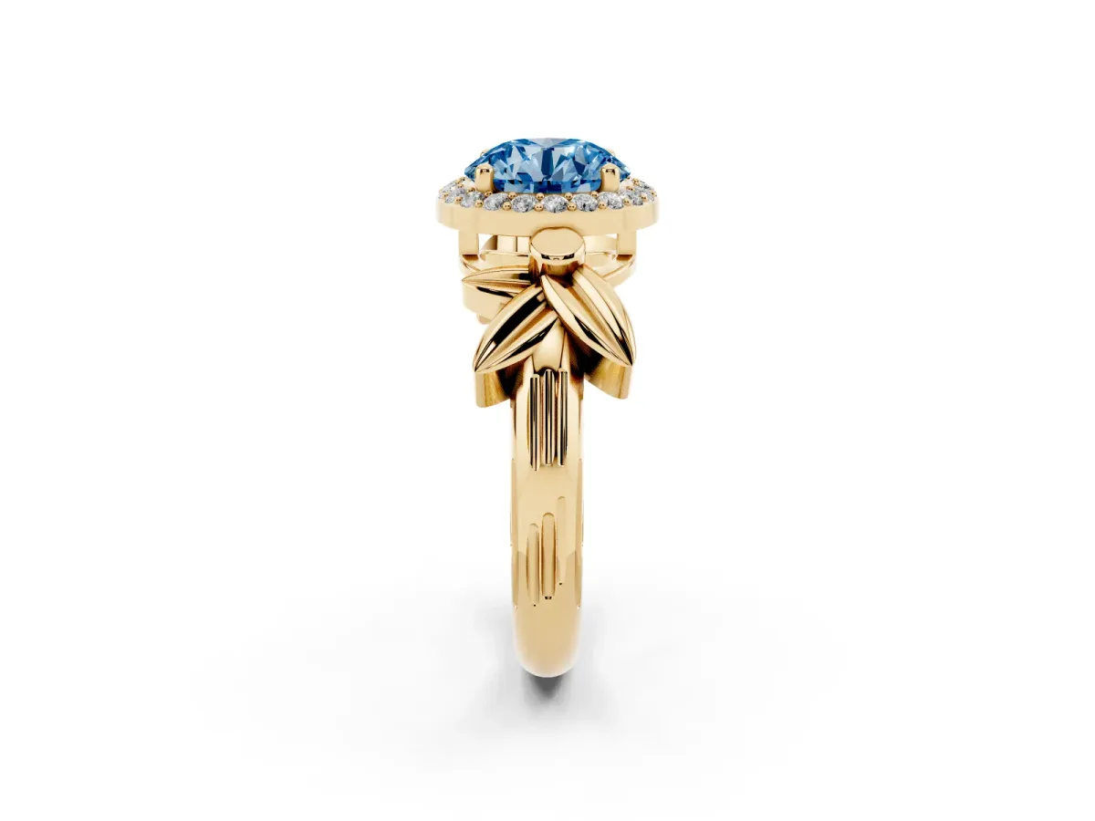 Fancy Blue Round Cut Halo Diamond Floral Band with Four-Prong Setting Yellow gold