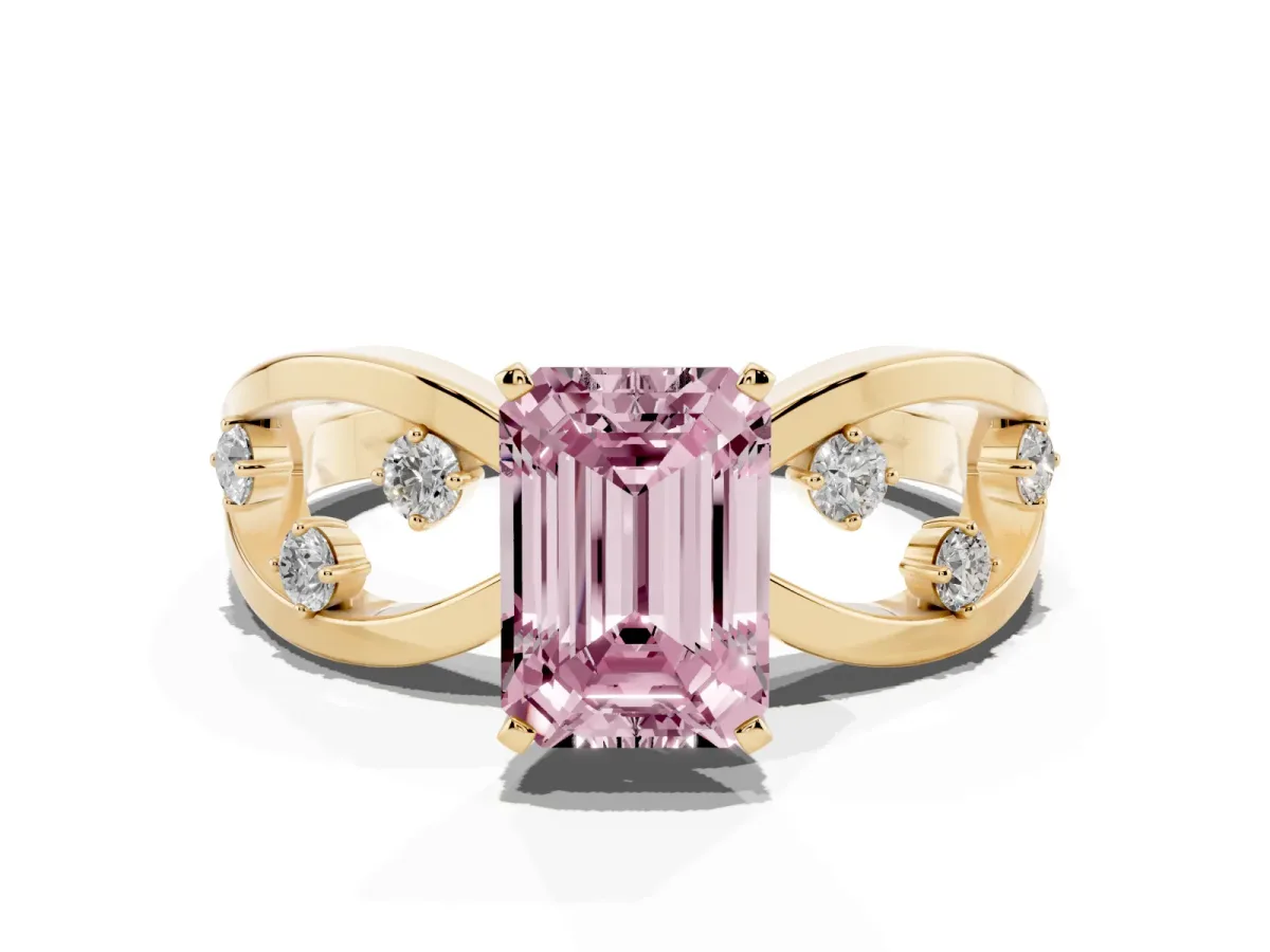 Fancy Pink Emerald Cut Cut Solitaire Diamond with Side Stones on Criss-Cross Band and Four-Prong Setting Yellow gold