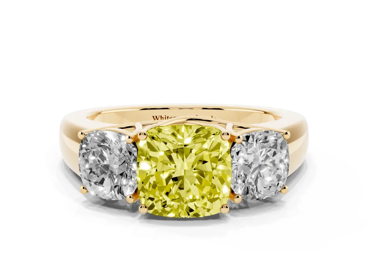 Fancy Yellow Three-Stone Cushion Cut Cut Diamond Ring with Prong Setting and Classic Band Yellow gold