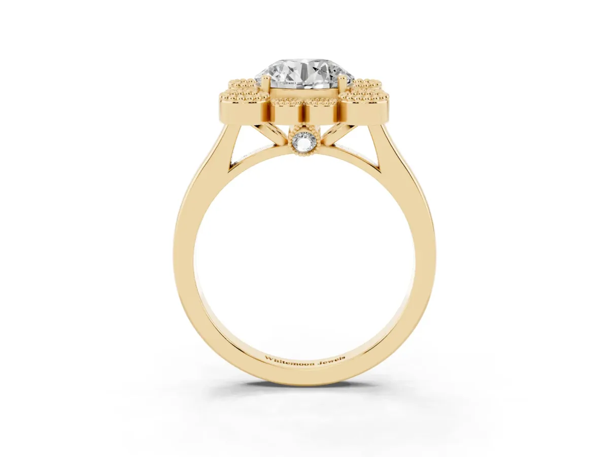 Round Cut Halo Diamond Cluster Engagement Ring with Milgrain Bezel Setting and Solitaire Band Yellow gold