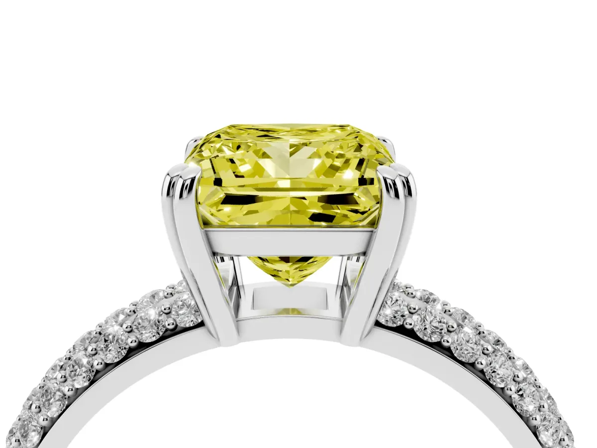 Fancy Yellow Princess Cut Diamond Solitaire Ring with Multi-Row Round Pavé Band and Prong Setting Silver
