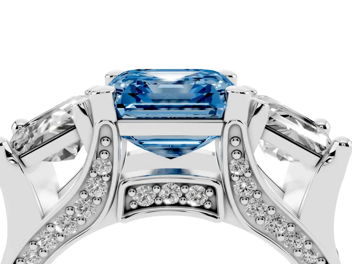 Fancy Blue Asscher Cut Diamond Three-Stone Ring with Channel Set Band and Four-Prong Setting Silver