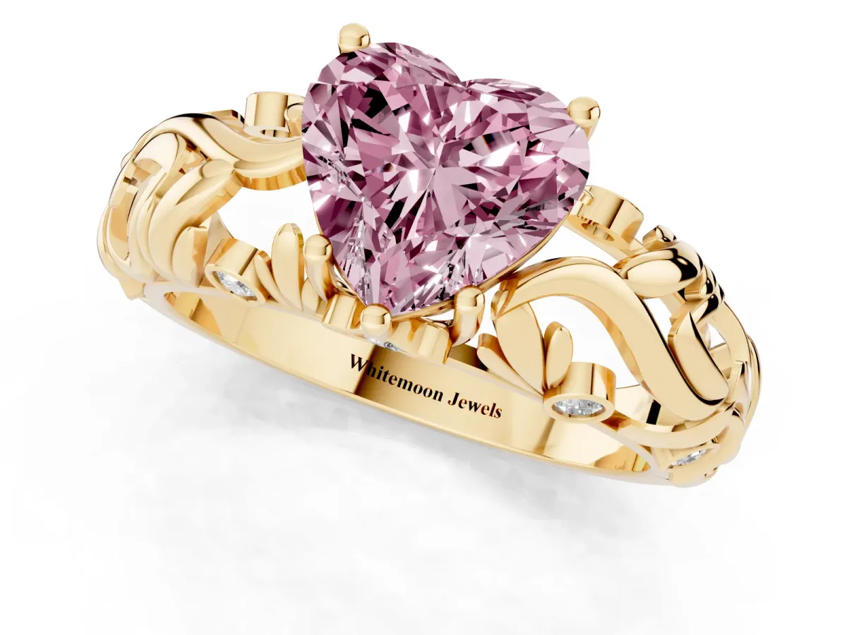 Fancy Pink Heart Cut Solitaire Diamond Leaf-Inspired Vine Band Ring with Prong Setting Yellow gold