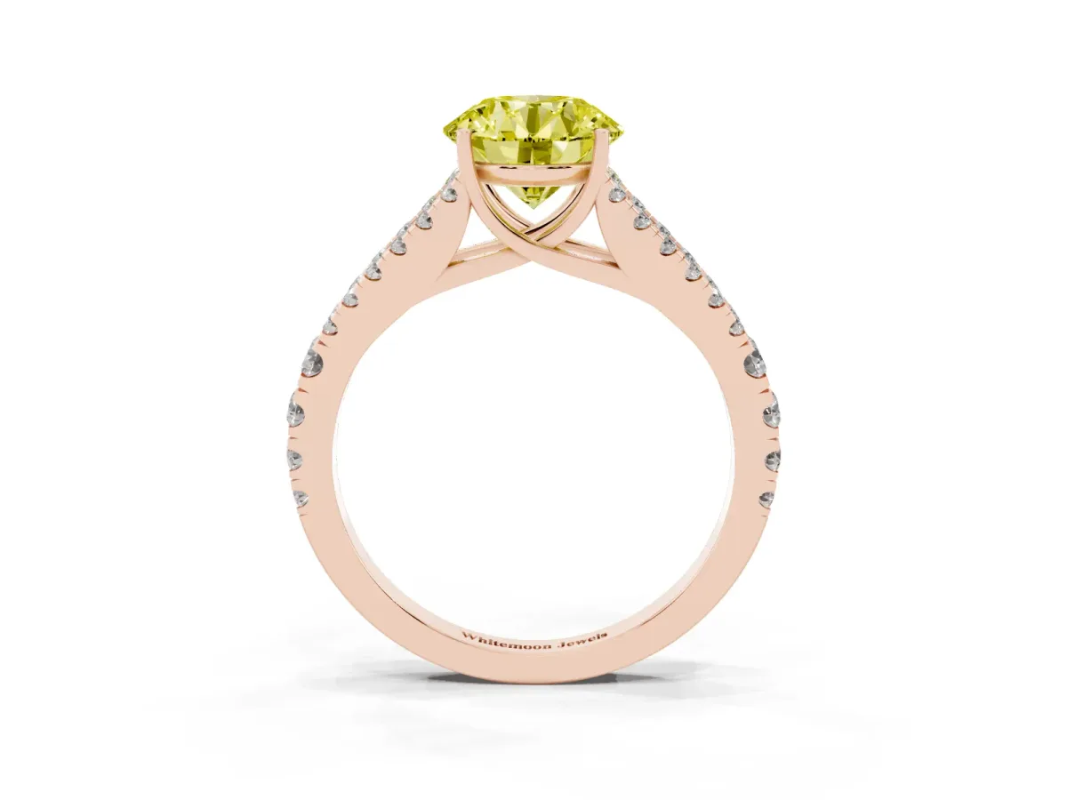Fancy Yellow Round Cut Diamond Split Shank Pavé Engagement Ring with Four-Prong Setting Rose gold
