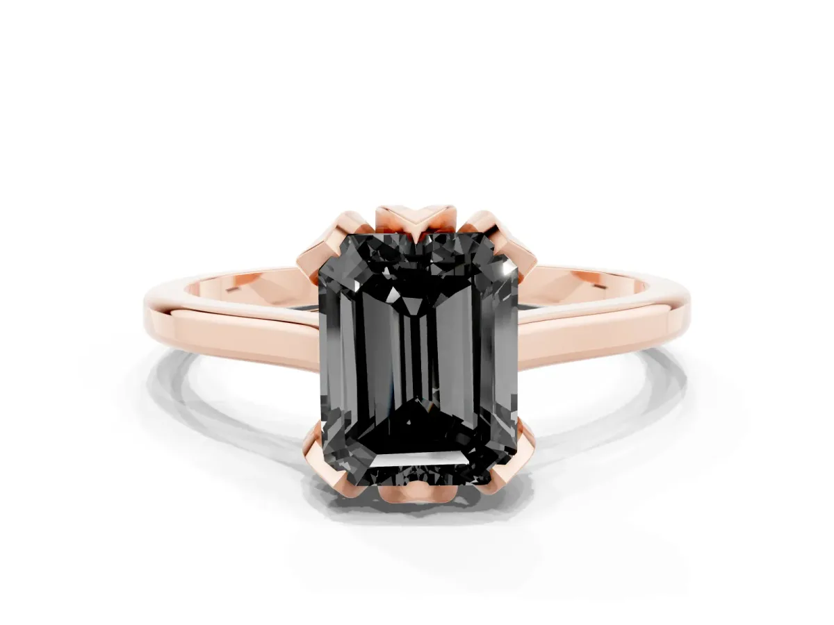 Fancy Black Emerald Cut Diamond Solitaire Ring with Flower Prong Setting and Classic Band Rose gold