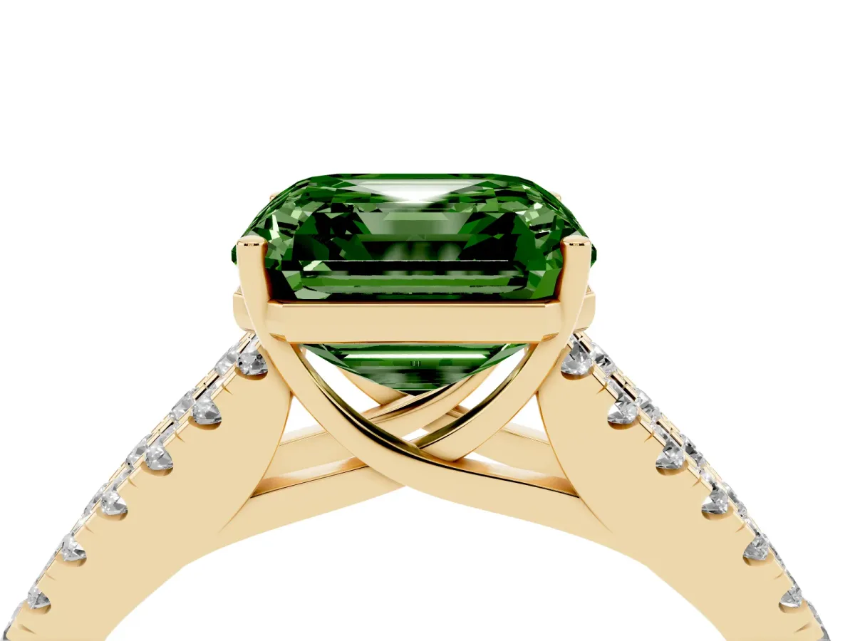 Fancy Green Asscher Cut Diamond Split Shank Engagement Ring with Round Pavé and Prong Setting Yellow gold