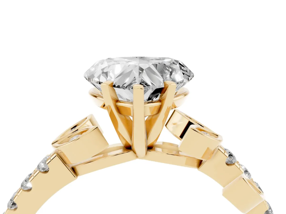 Heart Cut Solitaire Leaf-Inspired Diamond Ring with Pavé Band and Four-Prong Setting Yellow gold