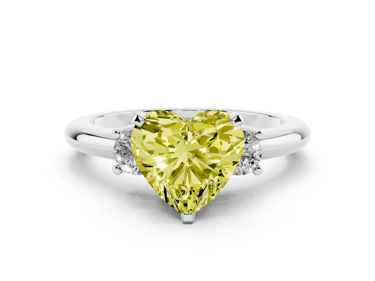 Fancy Yellow Three-Stone Heart Cut Cut Diamond Solitaire with Prong Setting and Classic Band Silver