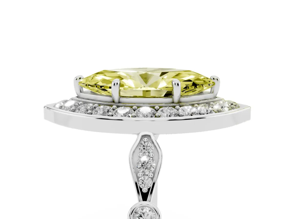 Fancy Yellow Marquise Cut Halo Diamond Engagement Ring with Twisted Band and Four-Prong Setting Silver