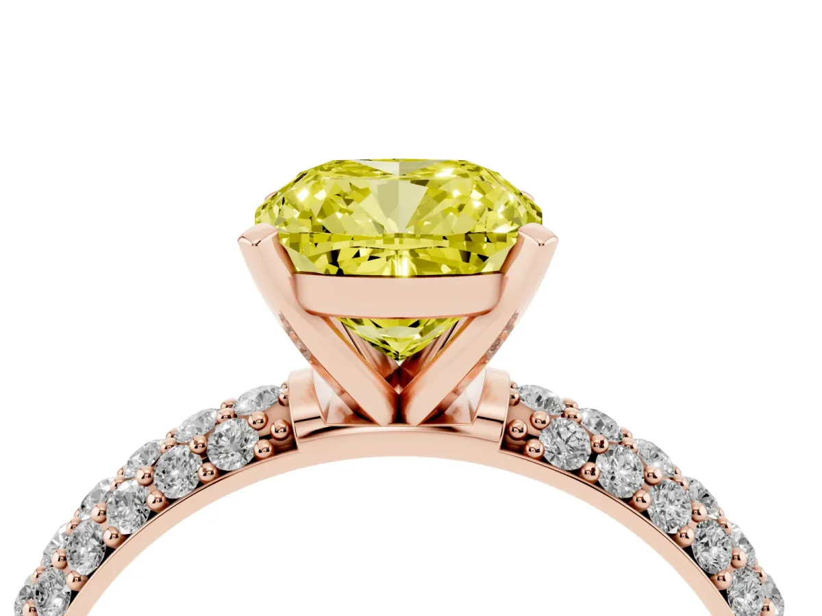 Fancy Yellow Cushion Cut Diamond Solitaire Ring with Prong Setting and Pavé Band Rose gold