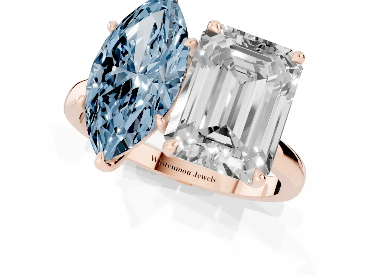 Fancy Blue Marquise Cut and Emerald Cut Toi Moi Ring with Prong Setting Rose gold