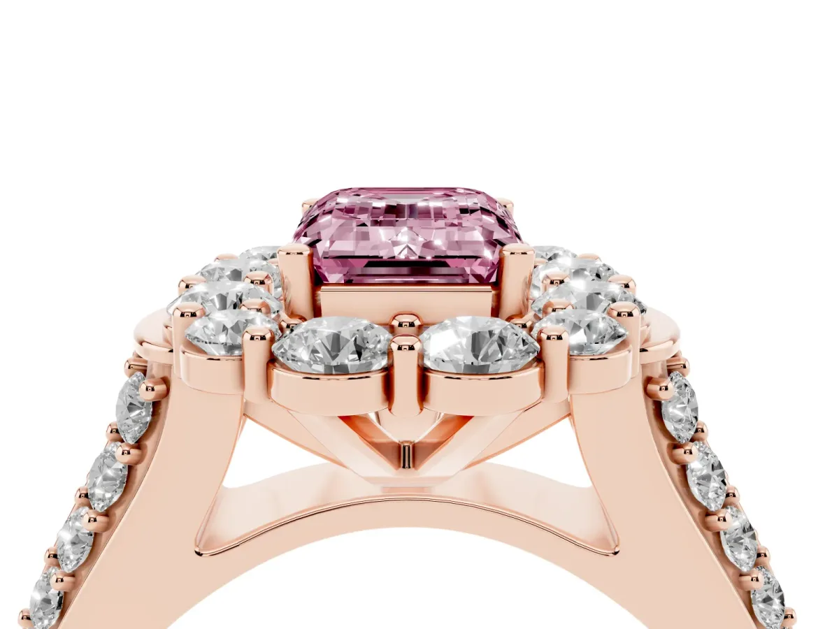 Fancy Pink Emerald Cut Halo Diamond Engagement Ring with Split Shank and Prong Setting Rose gold