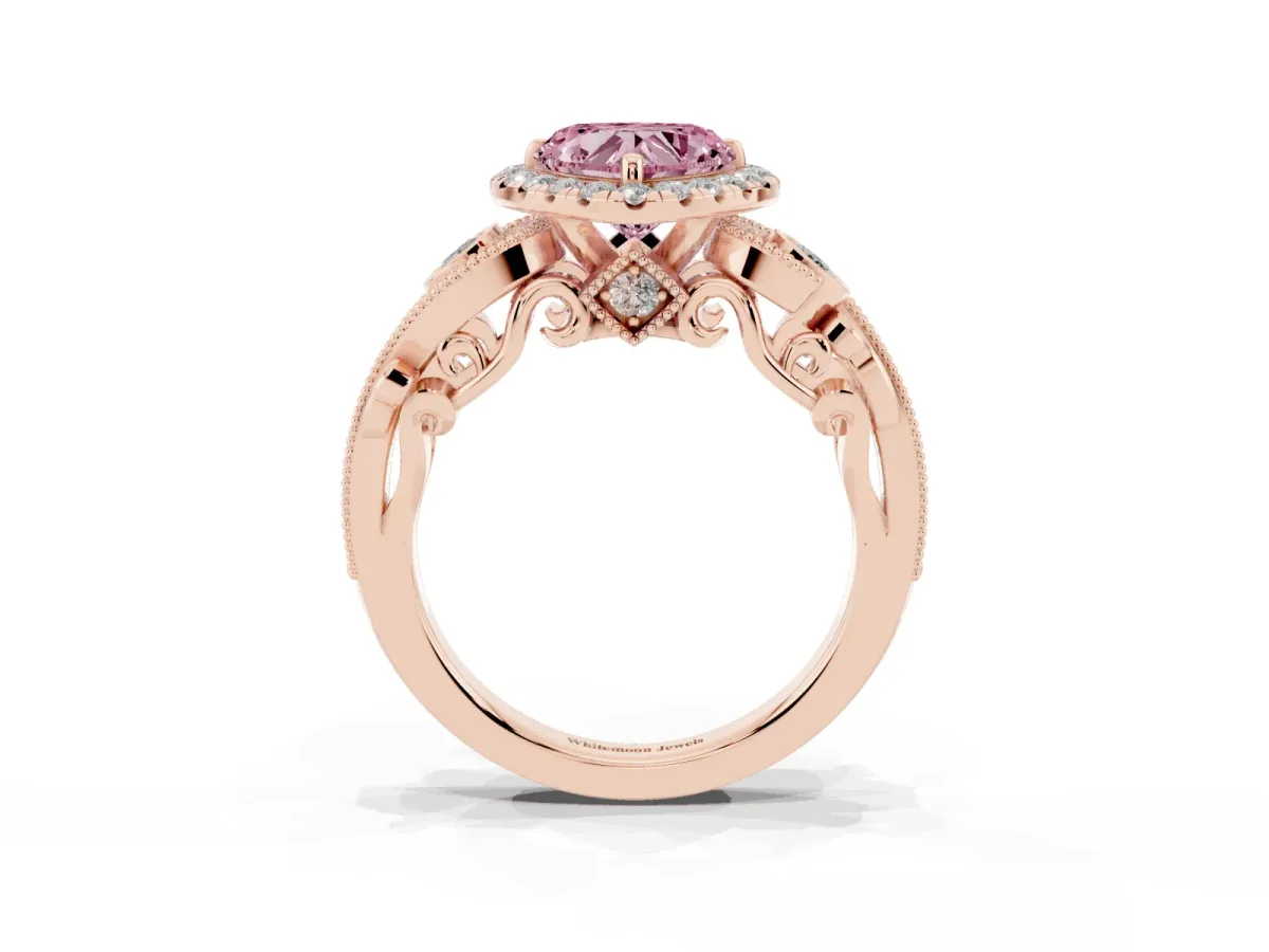 Fancy Pink Heart Cut Diamond Halo Ring with Milgrain Pavé Band and Four-Prong Setting Rose gold