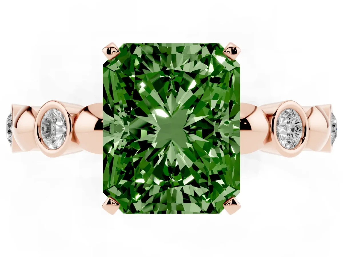 Fancy Green Radiant Cut Solitaire Bezel-Set Diamond Ring with Beaded Band and Four-Prong Setting Rose gold