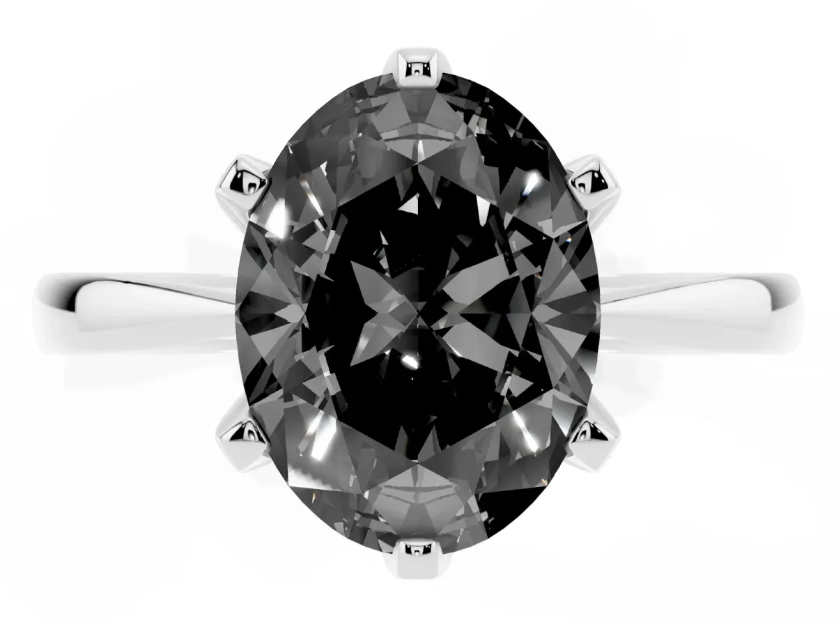 Fancy Black Oval Cut Solitaire Engagement Ring with Six-Prong Setting and Tapered Band Platinum