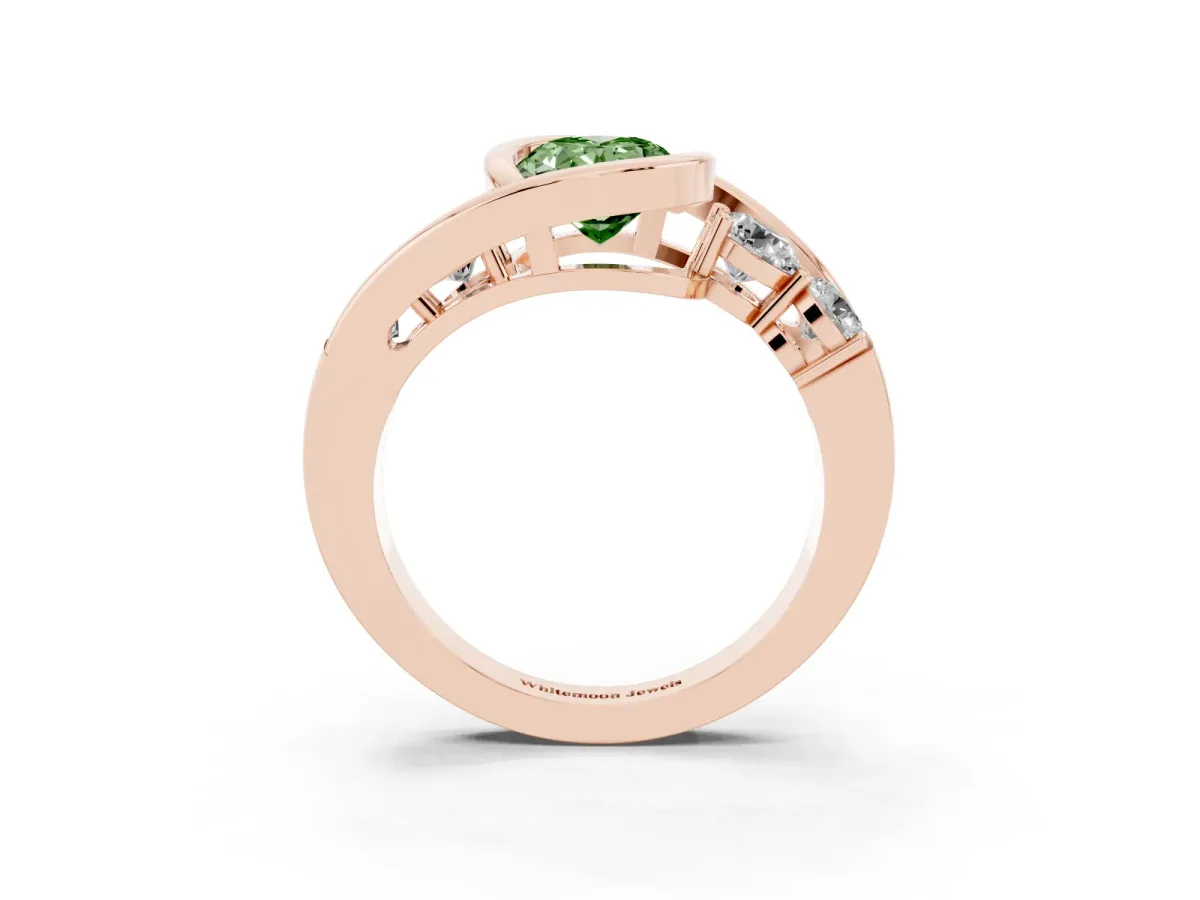Fancy Green Bezel Set Oval Cut Diamond Bypass Ring with Round Accents Rose gold