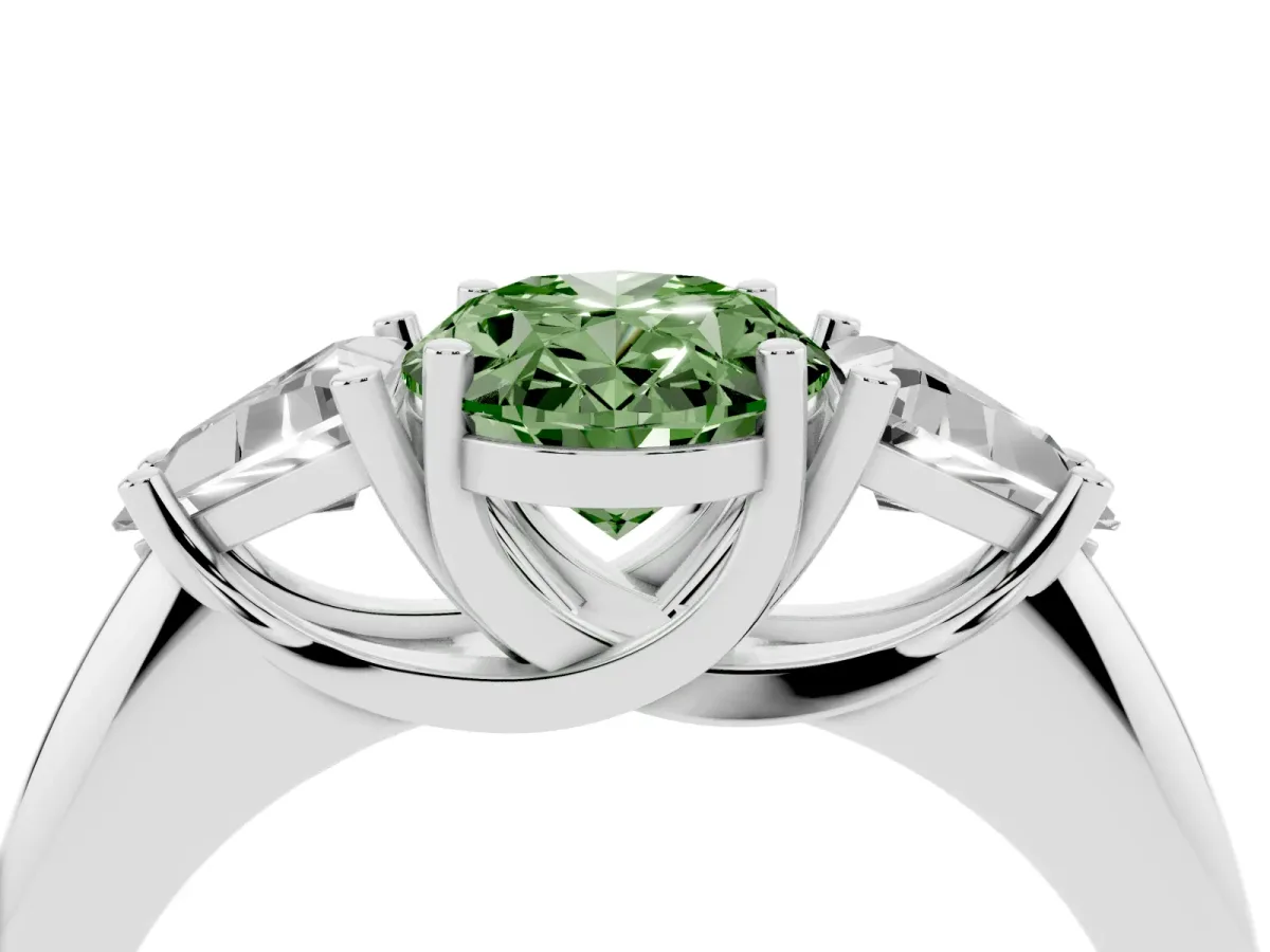 Fancy Green Three-Stone Oval Cut Diamond Engagement Ring with Trillion Side Stones and Prong Setting Silver
