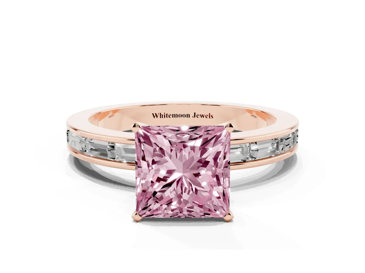 Fancy Pink Princess Cut Solitaire Diamond Ring with Channel-Set Baguette Band and Four-Prong Setting Rose gold