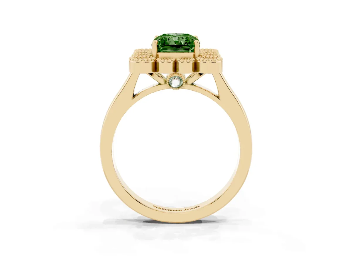 Fancy Green Radiant Cut Halo Diamond Cluster Engagement Ring with Milgrain Bezel Setting and Solitaire Band Yellow gold