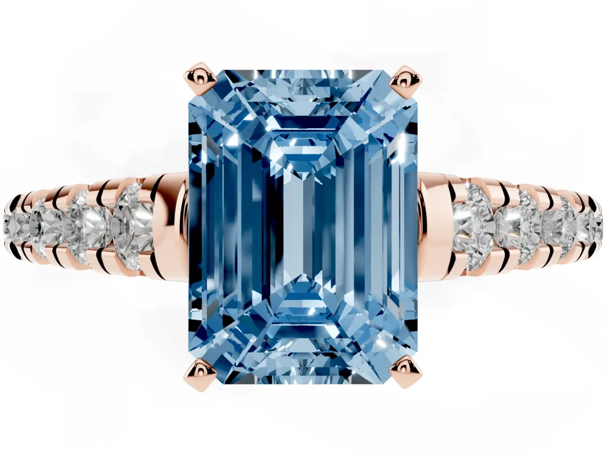 Fancy Blue Emerald Cut Diamond Cathedral Solitaire Ring with Round Pavé Band Rose gold