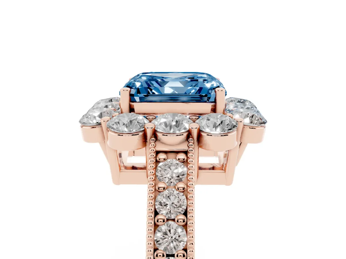 Fancy Blue Asscher Cut Cut Halo Diamond Pavé Engagement Ring with Milgrain Detailing Rose gold