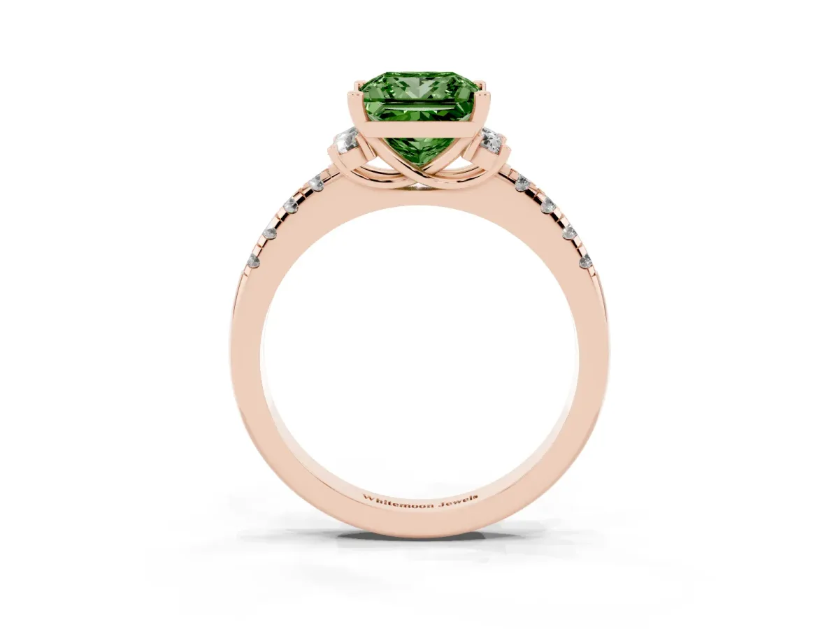 Fancy Green Princess Cut Diamond Three-Stone Pave Band with Four-Prong Setting Rose gold