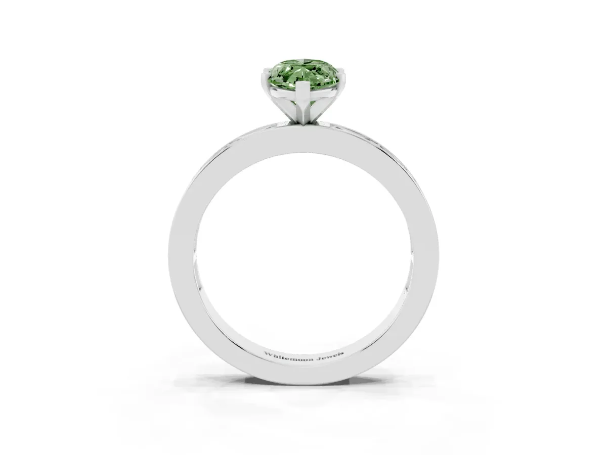 Fancy Green Marquise Cut Solitaire Diamond Ring with Channel-Set Baguette Band and Four-Prong Setting White gold