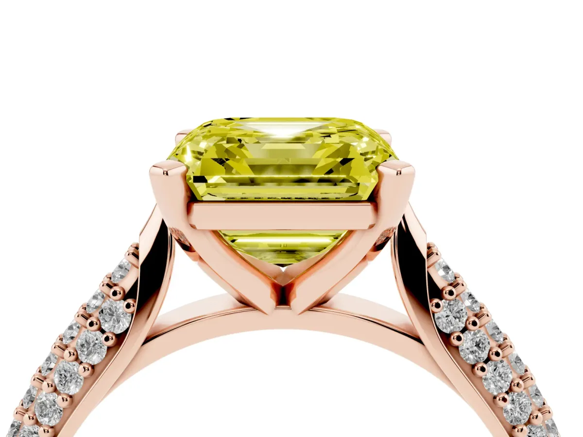 Fancy Yellow Asscher Cut Diamond Solitaire Engagement Ring with Multi-Row Round Pavé Band and Prong Setting Rose gold
