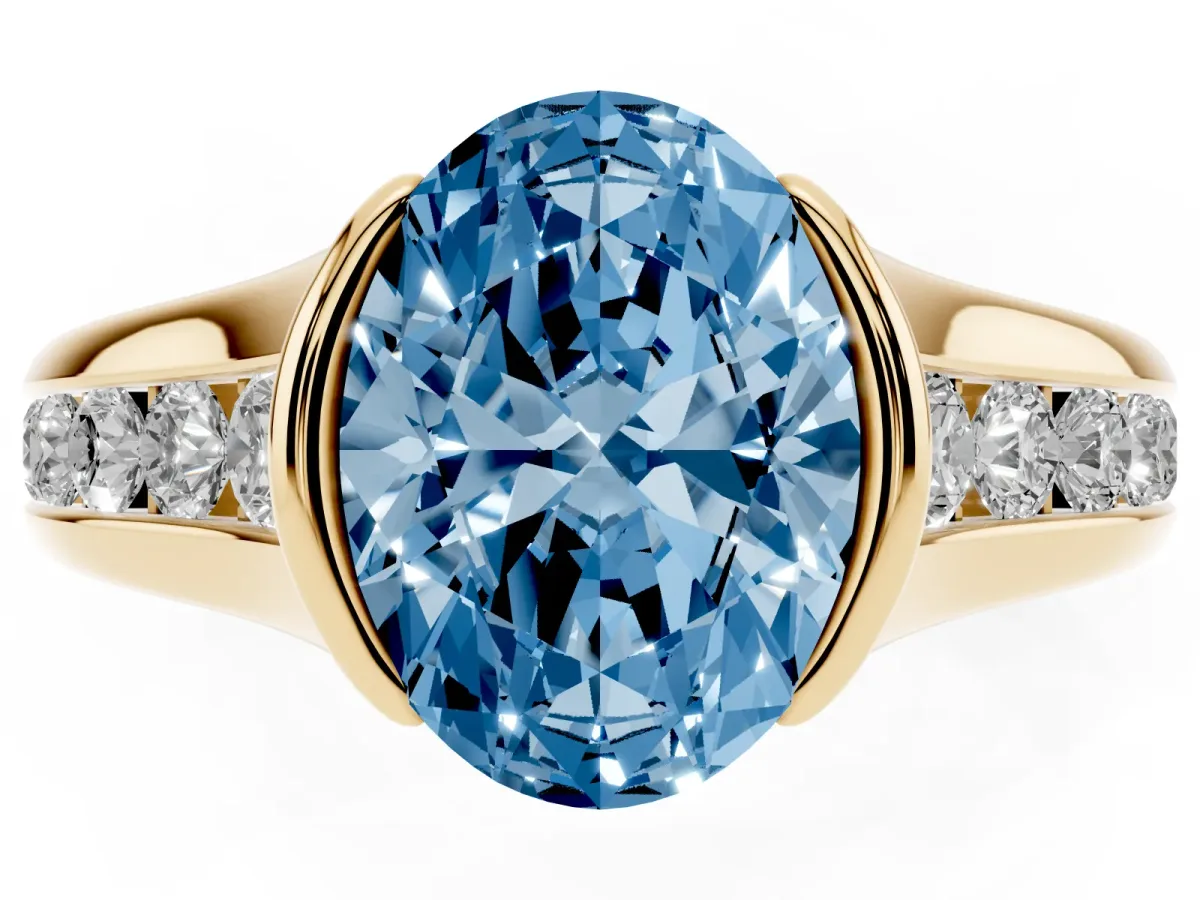 Fancy Blue Oval Cut Solitaire Bezel-Set Diamond Ring with Channel-Set Band Yellow gold