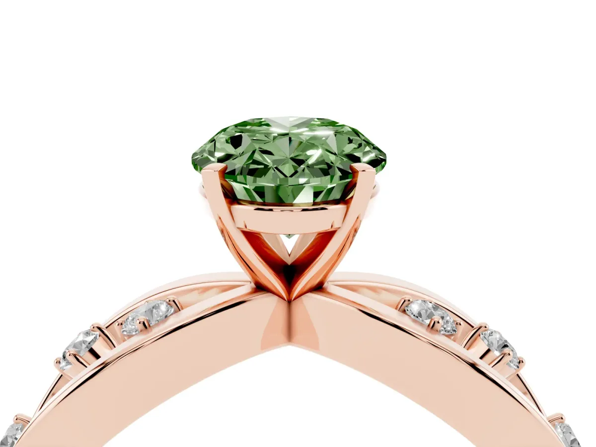Fancy Green Oval Cut Cut Solitaire Diamond with Side Stones on Criss-Cross Band and Four-Prong Setting Rose gold