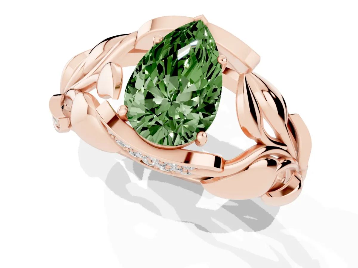 Fancy Green Pear Cut Diamond Leaf-Inspired Engagement Ring with Round Accents and Prong Setting Rose gold