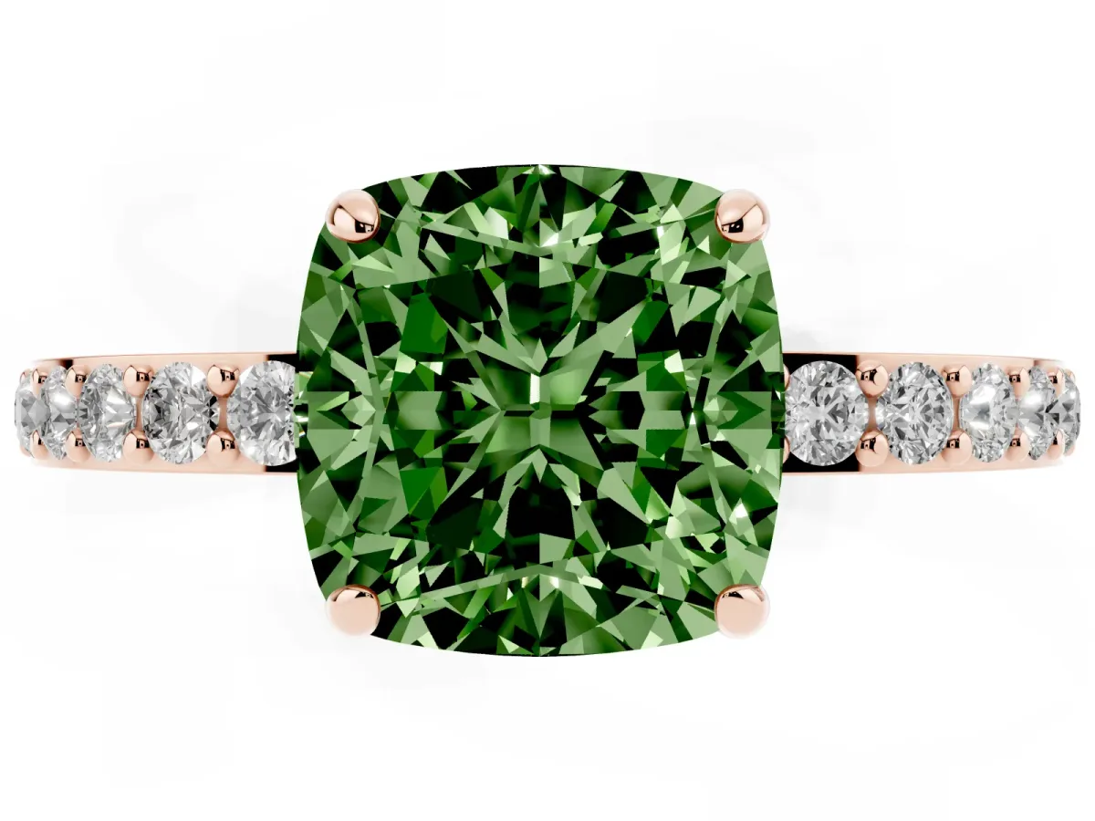 Fancy Green Cushion Cut Diamond Solitaire Engagement Ring with Pavé Band and Four-Prong Setting Rose gold