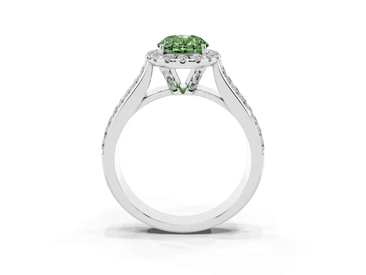 Fancy Green Oval Cut Halo Round Diamond Pave Band with Prong Setting Silver