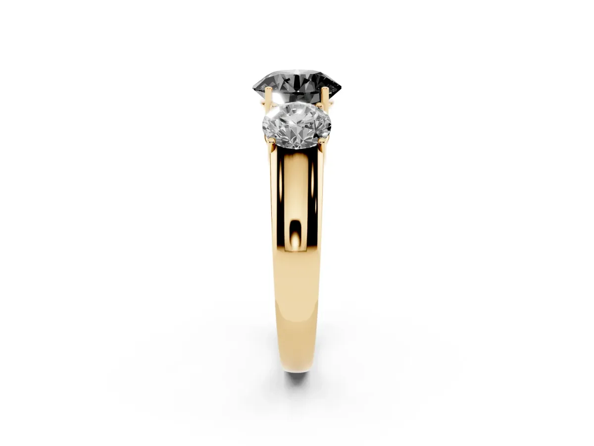 Fancy Black Three-Stone Round Cut Cut Diamond Ring with Prong Setting and Classic Band Yellow gold
