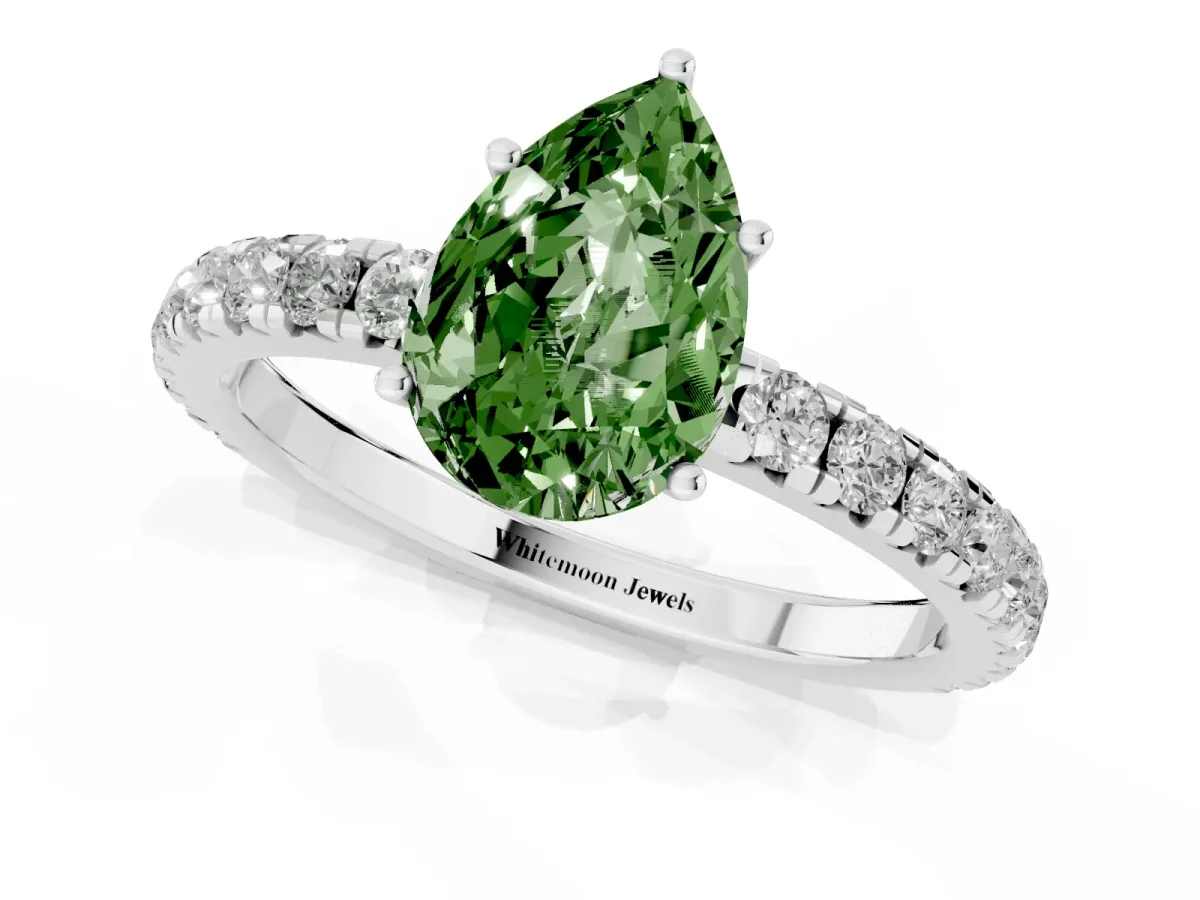 Fancy Green Pear Cut Diamond Pavé Solitaire Engagement Ring with Four-Prong Setting Silver