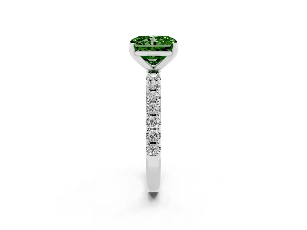 Fancy Green Radiant Cut Diamond Solitaire Pavé Band with Four-Prong Setting Silver