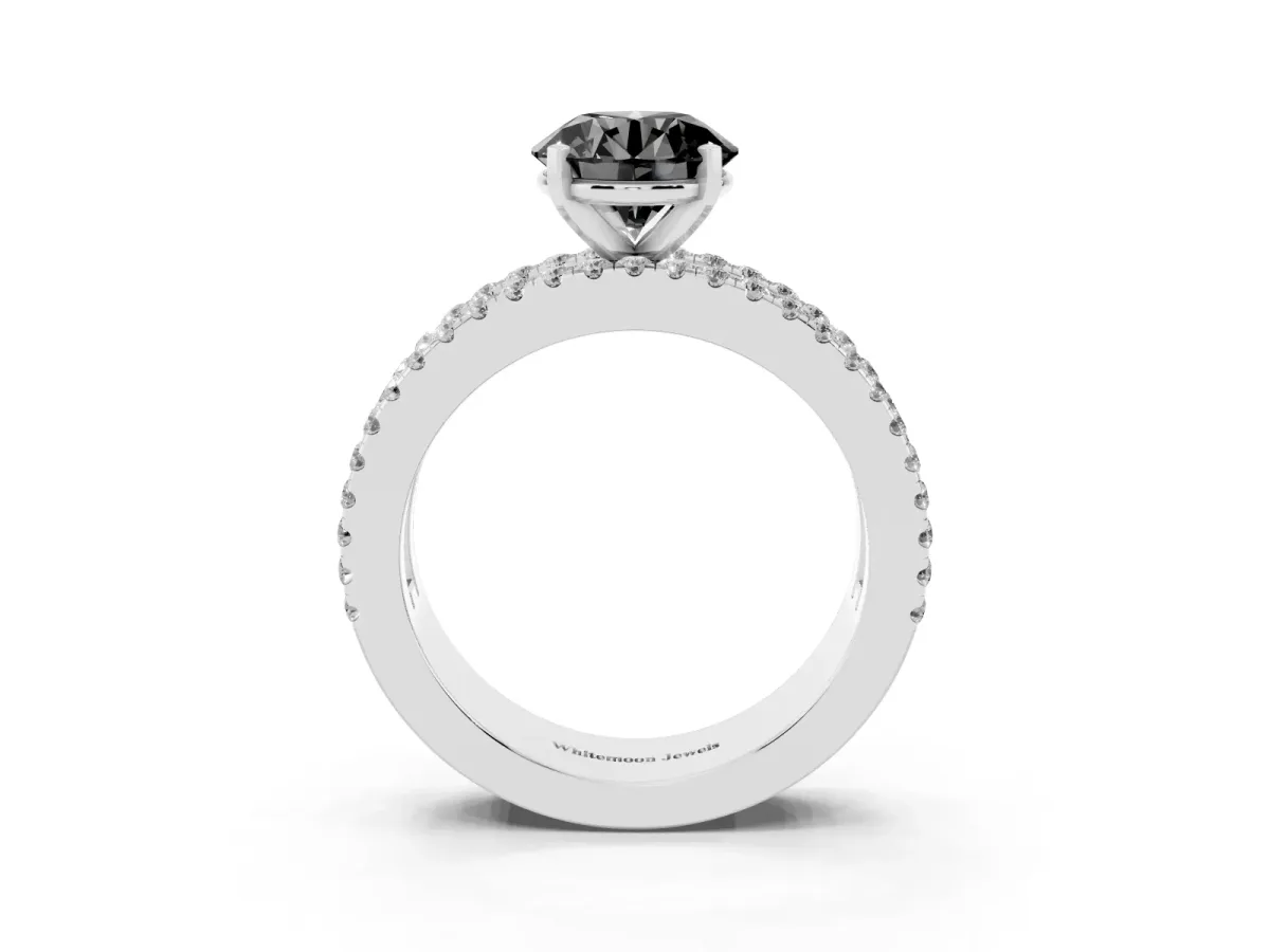 Fancy Black Round Cut Diamond Solitaire Ring with Pavé and Channel Set Band Silver