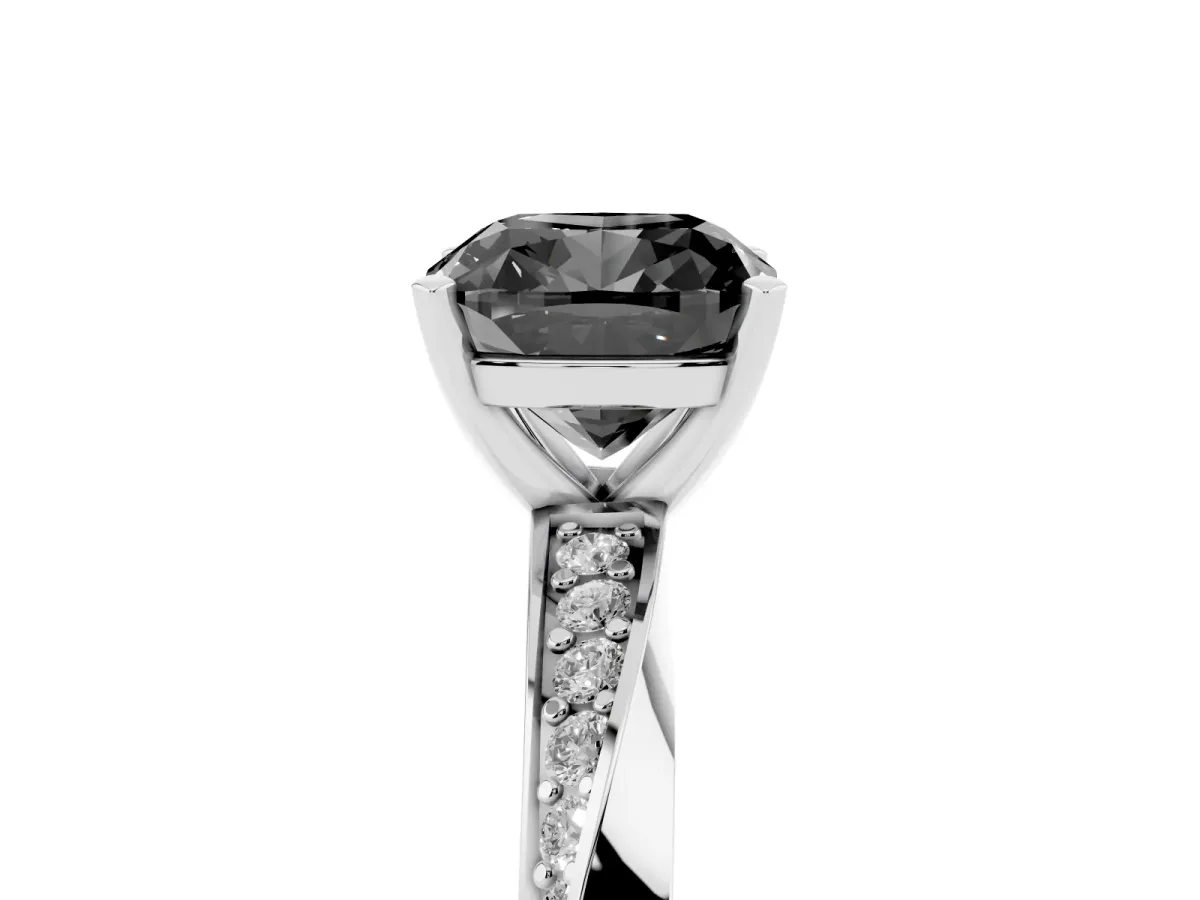 Fancy Black Cushion Cut Diamond Engagement Ring with Side Stone Accents and Four-Prong Setting Platinum