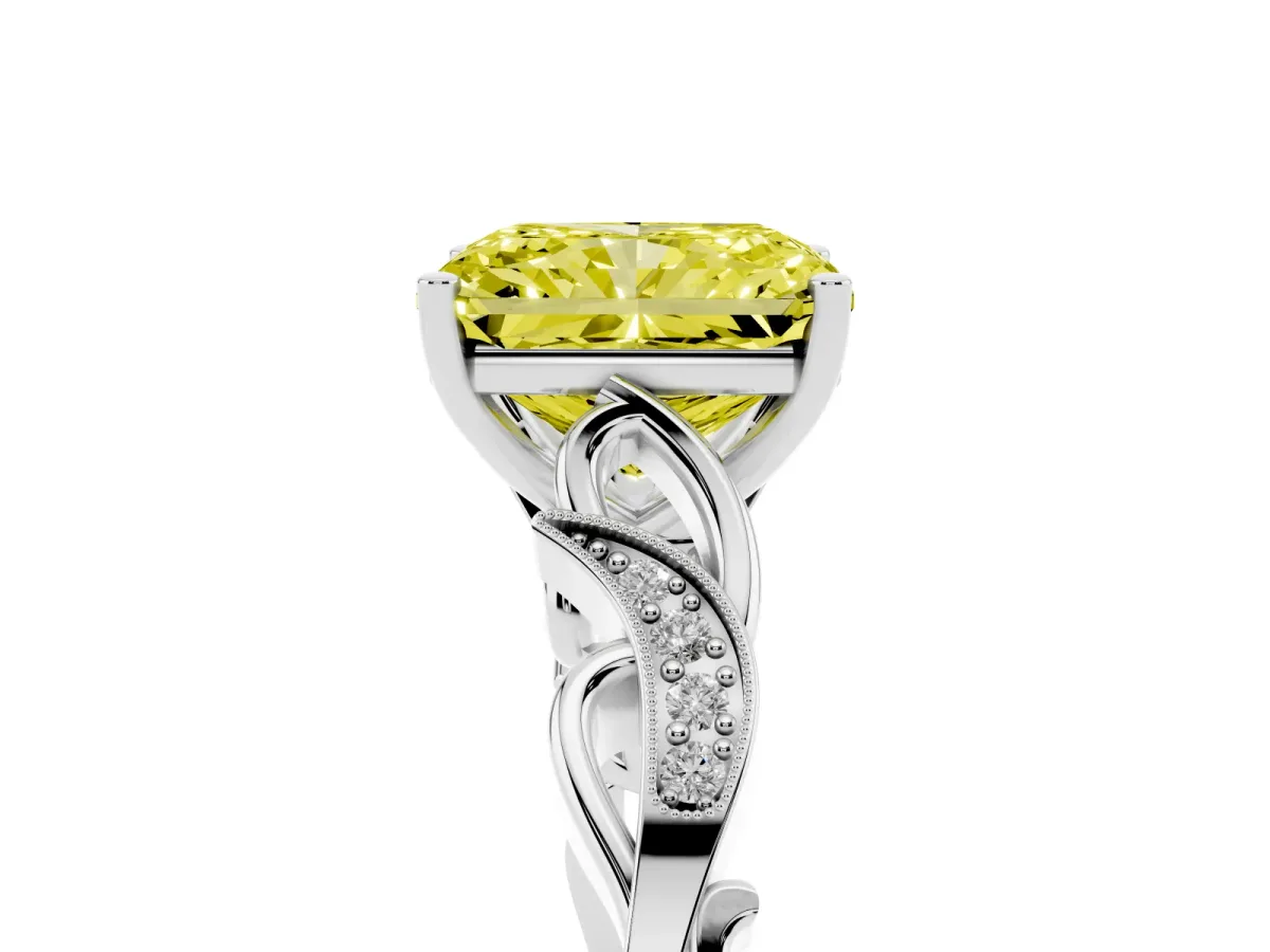 Fancy Yellow Radiant Cut Solitaire Vine Band with Milgrain Prong Setting Silver