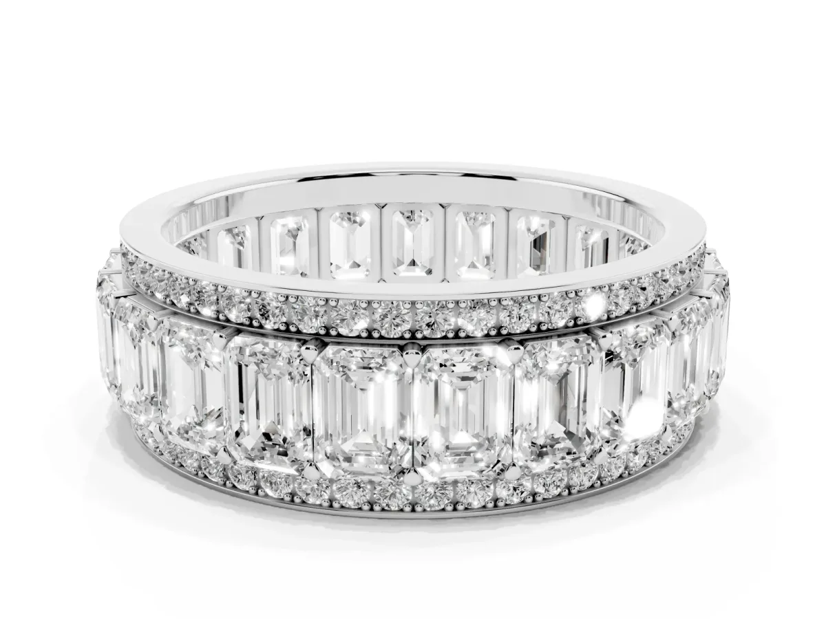 Emerald Cut and Round Diamond Multi-Row Mens Band Platinum